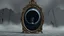 Placeholder: A monumental baroque mirror standing in empty gray desert landscape before a crumbling old gothic stone wall, Cold gray reality outside the mirror, subtle fog. antique clock above the frame showing exactly 12:00. Inside the mirror lies the Realm of Midnight: a colossal black eclipse above an endless cosmic abyss, melting stars, brocken hourglass inside the mystic mirror, and big abyss of universum, the mirror one gate into the physical dimension. Dark surreal vibe,