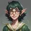 Placeholder: dnd, portrait of cute young elf femboy, black hair, short hair, curled hair, hair covering one eye, emo hair, round glasses, tusks, sharp teeth, yellow eyes, flat chest, mage, magic, nose ring, pierced ears, twink, smile, sharp teeth, all green skin, round face, small nose, shy, green ears, green lips, green nose