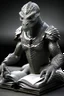 Placeholder: reptilian humanoid, grey diamond - shaped scales, big magic book