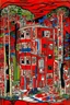 Placeholder: A red fiery Japanese palace painted by Jean Dubuffet