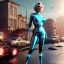 Placeholder: Realistic press image, retro sci-fi, portrait, waist up view, blonde woman, sweet Marylin Monroe face, perfect iris, glow eyes. tight latex tights suit. Retro Futuristic city, cars flying. epic style, vibrant color, highly detailed, unreal engine 5, ray tracing, RTX, lumen lighting, ultra detail, volumetric lighting, 3d, finely drawn, high definition, high resolution.