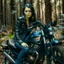 Placeholder: Very attractive woman sitting on a motorcycle. The bike is Yamaha. In the background is a forest.