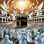 Placeholder: The scene in Mecca: People wearing white Ihram clothes, men without head coverings, women with veils, circumambulating around the Kaaba, and above them are transparent white spirits of children, men, and women with wings revolving around the Kaaba.