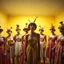 Placeholder: Flash photo of a room, a senseless jumble of bodies, wearing absurd hats and other senseless clothes, and dried fruit, odd objects, in a bright, featureless, yellowish-white room, surreal characters in real life. Details of their skin and dresses very accentuated. 8k, fine focus, funny