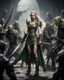 Placeholder: Length image full body photography Profesional Photoshoot Elf princess on dramatic standing action holding sword engraving sorrounded by orcs zombies troops