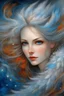 Placeholder: Beautiful girl, bottomless big eyes close-up, fluffy super-long eyelashes, misty fairy in a whirlwind of feathers and dandelion, white hair fluttering and turning into smoke, large snowflakes, impressionism, blurred watercolor, fluff, snowflakes, transparent, smoke, fog. Queen Anna. Josephine Wall, Catherine Welz Stein