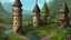 Placeholder: fairy tower in a middle of a small cute village, with many small houses and trees around the tower