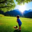 Placeholder: A child plays with a duck among the trees, the sun is shining and the mountains are high.