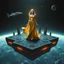 Placeholder: A breathtaking cosmic fantasy scene featuring a stunningly realistic beautiful woman with a perfect face and sculpted figure standing gracefully at the center of a floating geometric platform in deep space. She wears an elegant flowing gown in vibrant gold and blue hues that billow around her perfect form. The huge platform is constructed from dark cobblestone-like blocks arranged in a star shape and Space craft landed over it. Surrounding her are CIFI buildings