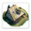 Placeholder: aerial view digital artwork of a Scandinavian longhouse as a sticker