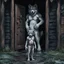 Placeholder: fantasy digital art of crying young female anthro wolf in gray hairy wolf body and wears just a short canvas rag around her waist , sadly crying face stands in the rain front the door, behind her an tall anthro dark hairy wolf man standing behind in rustic halb open door in an massive wooden house, deep colors, rainy day, detailed, anthropomorphic creatures, fantasy, sci-fi mood