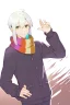 Placeholder: Anime style, Make the art more realistic in the anime version, man, Green eyes, Wearing a colorful scarf around your neck, His hand on the right is referencing himself