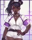 Placeholder: arcane tv show style, league of legends, solo, 1girl, attractive teenager, african, dark skin, dark-brown eyes, black hair, pair buns, violet strands of forehead bangs, necklace, earrings, modern makeup, (detailed skin texture), white oversize shirt