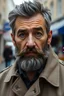 Placeholder: A character portrait of the face of a male with black greying hair, full short beard and aging face. He wears a trenchcoat and is standing in the street