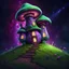 Placeholder: colorful green and violet mushroom house on a tall dirt pillar with a grassy top in outer space. stars, grass, mushroom house, dirt pillar. Detailed gloss Painting, rich color, fantastical, intricate detail, splash screen, hyperdetailed, insane depth, concept art, 8k resolution, trending on artstation