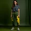 Placeholder: Women model catwalk wearing cargo jeans with patch jellow and green