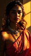 Placeholder: A stunningly elegant Indian supermodel, adorned in a designer saree and an extra-long necklace, her skin glowing in the golden hour light. Henna tattoos decorate her skin, casting shadows and rays that enhance her beauty. This evocative image captures her radiance and grace in a photograph. Her dusky complexion is enhanced by the play of light and shadow, creating a mesmerizing effect. The impeccable quality of the image highlights the model's striking features and the intricate details of her a
