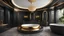 Placeholder: fantasy Master bathroom. Detailed. Rendered in Unity. Gold Lighting. Black colors. add windows. add waterfall shower. add circular tub