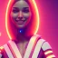 Placeholder: A beautiful portrait of a cute cyberpunk woman smiling facing camera orange color scheme, high key lighting, volumetric light high details with white stripes and feathers unreal 5, octane render, cinema4d, dynamic lighting, dramatic lighting, 4k, redshift render, highly detailed, hyper realistic