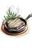 Placeholder: A cast iron skillet with a perfectly seared steak resting inside, steam rising from the edges. A sprig of fresh rosemary and a halved garlic clove lie beside it. Style: Rustic, Mood: Hearty, Lighting: Warm kitchen light, T-shirt design graphic, vector, contour, white background.