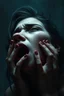 Placeholder: Hyperrealistic human woman cry and howling, pain, thriller, alone, dark colors, sharp focus, surreal shapes, faded colors, dark mood, surreal, dramatic atmosphere. intricate, stunning textures , mystery. stunning illustration