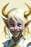 Placeholder: a child tiefling girl with white-blond hair and small horns, she wears white and gold and is happy