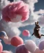 Placeholder: Ultra realistic speed clouds sky scene, wide angle view, childs falling down with many Childs background, rabbit head, circus dress style, feather color, free jumping flying, many trinkets, hair monster, many jelly beans, balls, color smoke, smile, happy, extreme, wind, clouds sea, 20,000 feet altitude, stratosphere, soft color, highly detailed, unreal engine 5, ray tracing, RTX, lumen lighting, ultra detail, volumetric lighting, 3d, finely drawn, high definition, high resolution.