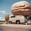 Placeholder: Polaroid picture of a RV parked next to a colossal peanut sculpture, tourist strange roadside attraction, fantastical, realistic, road trip picture