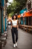 Placeholder: full body shot Young woman, 20 years old, wearing nice pant and top walk in street,looking to camera