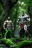 Placeholder: kratos standing of with hulk in a forest