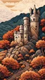 Placeholder: Omani stone castle in an autumn landscape, fine-art four-colour linocut illustration intricate dynamic lighting wallpaper award winning ultra detailed high definition very cute Print zentangle maximalist graceful linocut