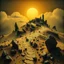 Placeholder: A wasteland with village on the top of a hill, creepy, details of the dust very accentuated, glossy organic mass, adorned with minerals and rocks. Decal, bas-relief. Bathed in intense light, eerie, Max Ernst style, black sun, fog