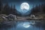 Placeholder: black, blue and white colors, hunting manul, fullmoon, pond, mountain, forest