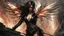 Placeholder: biomechanical women, beautiful, steampunk, dusty brunette, long square, large steampunk black wings, sword, steam, dynamic pose, rain, wind, ashes, flashes of fiery threads, steam engine, caves with rusty pipes on the background, dark world, sketch art, fine lines, grunge, sensual, darkness, by Raymond Swanland & Alyssa Monks & Anna Razumovskaya