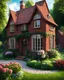 Placeholder: Old red brick house, cute, with many windows and with a gable roof and a tiny round window in attic, there are a lot of threes and flowers in the garden, beautiful cottage, small cottage, tiny old house, with a porch, realistic photo, 8K