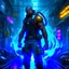 Placeholder: hyper-maximalism (raw), a large bald afro-american muscular cyborg man, extreme cybertech gear, detailed mechanical parts, baggy pants, sneakers, robotic arms, large backpack, cybernetic goggles, reflections, rain, plasma arm cannon blue plasma ball, abstract motion, running attack, looking at viewer, static electricity trail, large water splash, cyberpunk city scene, HDR, vray