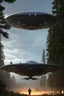 Placeholder: a bunch of school kids see 1 ufo flying over tall pine trees, concept art, by Asaf Hanuka, by Weta Digital, Electric Colors, Screen Space Global Illumination, in a symbolic and meaningful style, the craft has flat bottom,3 large lights underneath ufo glow with intense fury, kids running