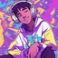 Placeholder: masterpiece, intricate details, a wide angle 2D anime bold line flat color illustration of a cheerful boy in a high purple hoodie and headphones in hip hop style, dopamine style, overlaying mixed patterns of pop art text and emoji device installations, sharp focus, charming character illustration, beautiful vibrant kuler palette gradient