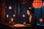 Placeholder: [Retro Vibes, Sacred Haze] In the dimly lit room, an asian woman sat at the small table, her presence exuding an air of mystery and sophistication. The room was adorned with vintage decor, transporting her to a time when retro vibes and sacred haze hung in the air like a veil of intrigue. The flickering neon lights outside cast a mesmerizing glow, adding to the allure of the scene.In the style of Hugo Pratt, the woman's features were rendered with a sense of elegance and strength. Her eyes held