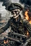 Placeholder: ultra high definition image of an attractive but scary looking skeleton, rising from the ashes, a war veteran, partially humanlike characteristics, army beret and ripped amo wear, very detailed, chaotic background, dramatic close-up action shot of him on a burned out war tanker with a torpedo on shoulder ready to fire and ammo ,gothic and dark theme, 12k