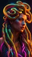 Placeholder: (neon medusa goddess portrait),(best quality,4k,8k,highres,masterpiece:1.2),ultra-detailed,(realistic,photorealistic,photo-realistic:1.37),vibrant colors, neon lights,glowing snakes as hair,scales on the face and body of the goddess, piercing golden eyes,cold and stoic expression,fierce and powerful pose, intricate jewelry and accessories, dark background with smoke and mist, ethereal and otherworldly atmosphere, Greek mythology theme