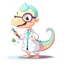 Placeholder: Cartoon illustration for children: Cute female dinosaurus in a white doctor's coat, holding a pincer