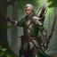 Placeholder: Please create an image for a young elven male with light brown skin, silver hair, and green eyes. He is standing outside in the forest during springtime, wearing leather armor and wielding a large crossbow. He is accompanied by a small mechanical bird and a walking suit of armor