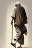 Placeholder: An old man wearing an Arabic keffiyeh, his back bent, walking barefoot, holding his cane upside down, looking back and holding his shoe in his hand.