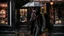 Placeholder: Werewolf with a Chinese menu in his hand, walking through the streets of Soho in the rain. Photograph.