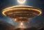 Placeholder: golden flying saucer traveling in the galaxy, transparent, crystal with lights, starry sky, beautiful extraterrestrial being, finely tuned detail, ultra high definition, 8 k, unreal engine 5, ultra sharp focus