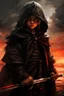 Placeholder: A formidable warrior-a 10-year-old boy in a black robe with a hood, on the background Amazing gloomy landscape, flooded with sunset, mountains, trees, fabulous scary hero, , juicy emotions, painting, dark fantasy, bad weather, gloomy day, dark world, by Raymond Swanland & Anna Razumovskaya