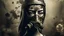 Placeholder: Retrato pictórico de mujer con rasgos latinos intensos, rostro de metal oxidado con remaches, lleva máscara de gas decorada con flores, estilo minimalismo japonés con toque surrealista, fondo de fondo de selva con niebla matutina