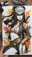 Placeholder: bits of color, furistic Sketch book, hand drawn, dark, gritty, realistic sketch, Rough sketch, mix of bold dark lines and loose lines, bold lines, on paper, akali, ninja girl, league of legends, eyes mask, leaves, animals, runes, dark theme,