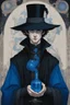 Placeholder: black hair, blue eyes,19year old, male, wearing black robes, alchemist, holding a flask full of blue liquid,wearing crumpled black pointed hat, in the style of Harry Clarke